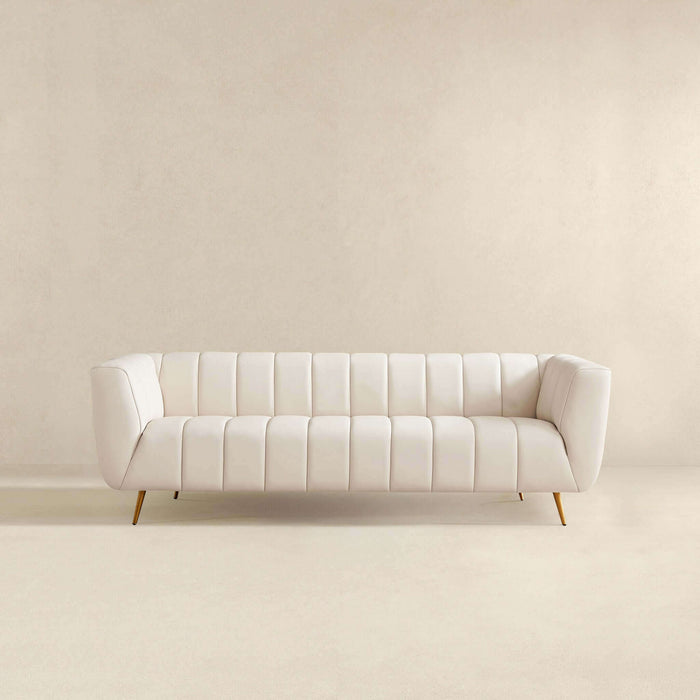 Ashcroft Furniture LaMattina Genuine Italian Beige Leather Channel Tufted Sofa 43044657004696