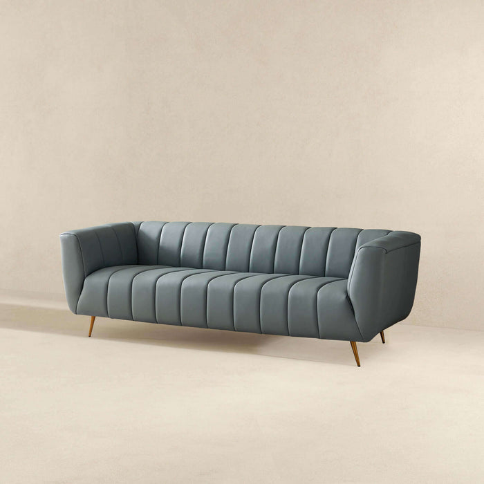 Ashcroft Furniture LaMattina Genuine Italian Blue Leather Channel Tufted Sofa 43044651630744