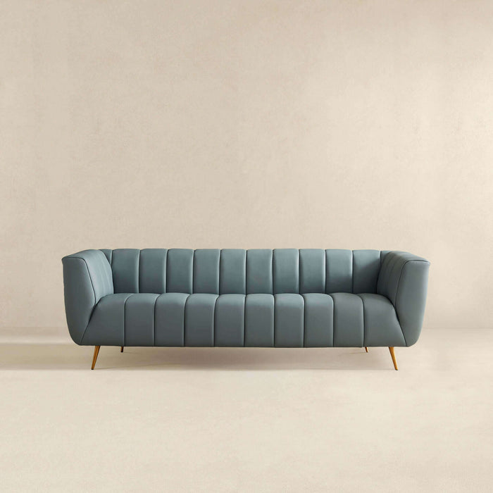 Ashcroft Furniture LaMattina Genuine Italian Blue Leather Channel Tufted Sofa 43044651630744