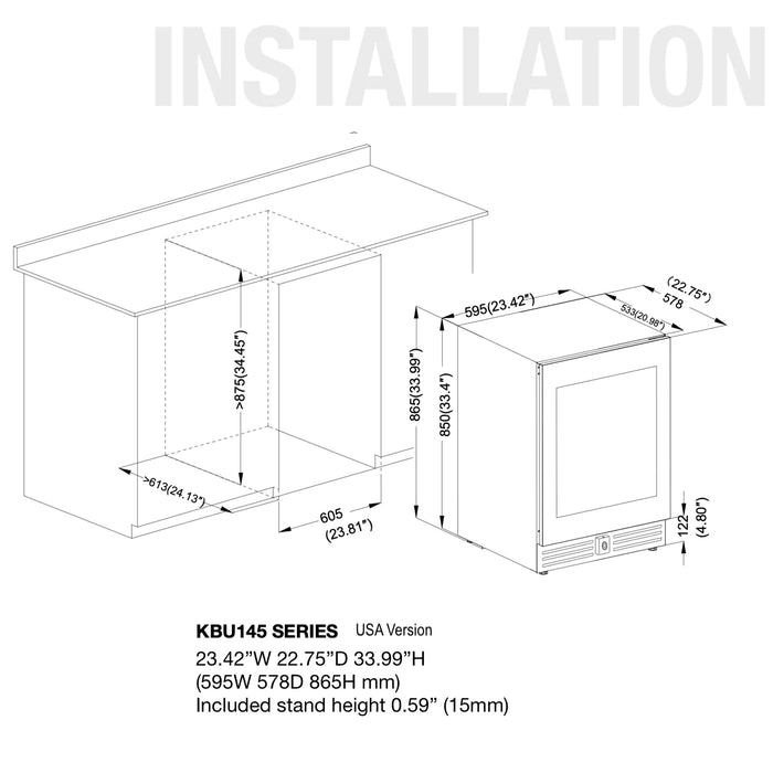 KingsBottle 24 Inch Under Counter LOW-E Glass Door Beer Fridge KBU145BX