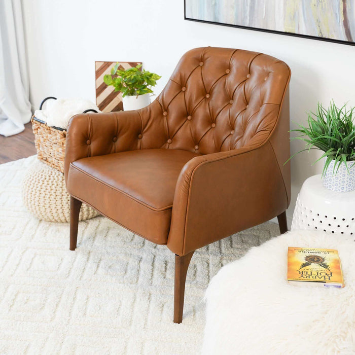 Ashcroft Furniture Joshua Mid-Century Modern Tufted Tan Leather Lounge Chair 43005037084824