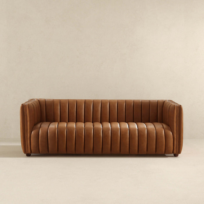 Ashcroft Furniture April Mid Century Modern Luxury Tight Back Tan Leather Couch sku-42727655506072