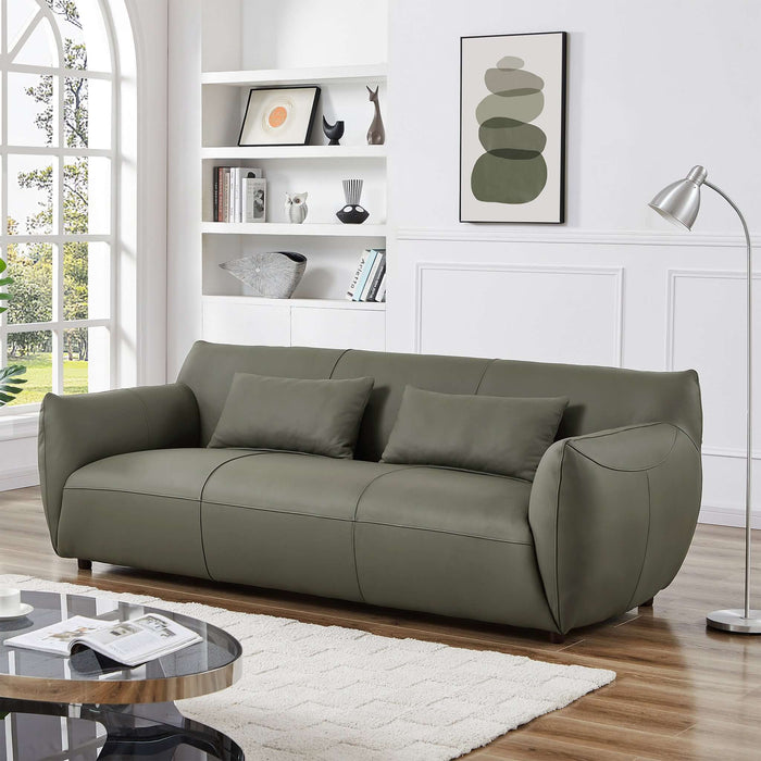 Ashcroft Furniture Blur Mid-Century Modern Olive Genuine Leather Round Arm Sofa AFC02047