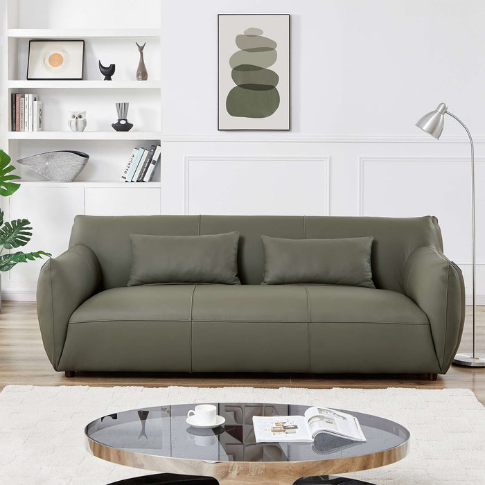 Ashcroft Furniture Blur Mid-Century Modern Olive Genuine Leather Round Arm Sofa AFC02047