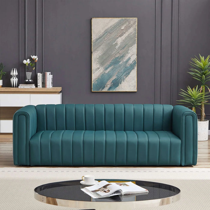 Ashcroft Furniture Mid-Century Modern Blue Genuine Leather Channel Tufted Square Arm Sofa 43105480016024