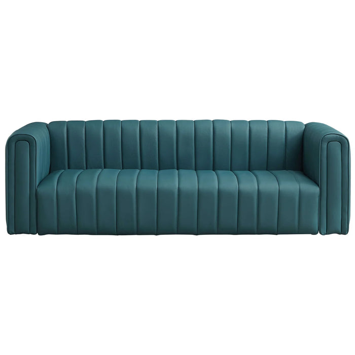 Ashcroft Furniture Mid-Century Modern Blue Genuine Leather Channel Tufted Square Arm Sofa 43105480016024